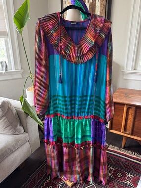 Vintage Diane Freis Multicolor Pleated Ruffle Long-Sleeve Maxi Dress